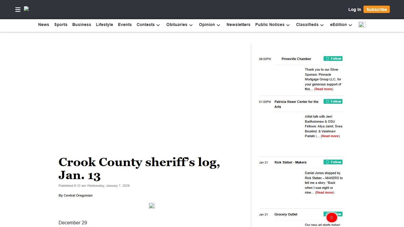 Crook County sheriff’s log, Jan. 13 Central Oregonian